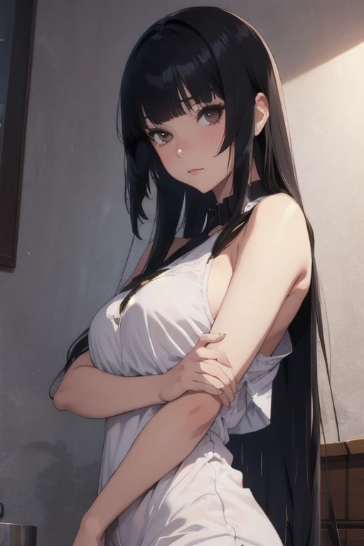 (((masterpiece,Highest quality:1.3,best quality illustration))),(realistic),cowboy shot,solo,1woman,(18 year old beauty),black hair,long hair,bangs,black eyes,gorgeous big eyes,((very small head:1.3)),shy,((very long body:1.2,skinny)),medium breasts,(White tube top shirt、navel、Black pleated mini skirt),sweat,in heat,gleaming skin,toned body,slender body、orgasm,sitting,spread legs,Simple bed、Simple small bedroom、nsfw,