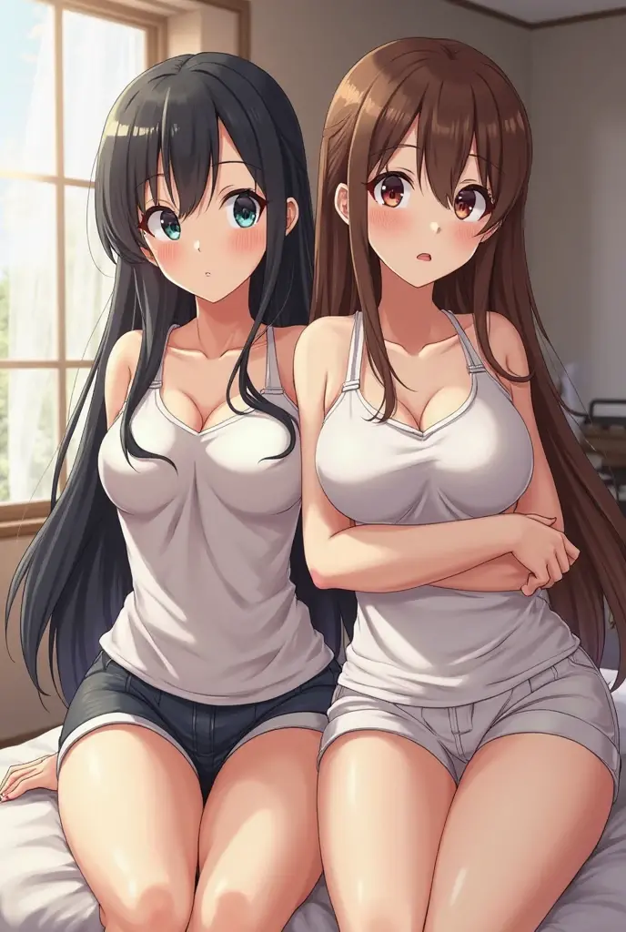 ((best quality)), ((masterpiece)), (detailed), perfect face, brown skin anime girl in a deep V Neck crossover cami top, (jeans trousers), famished in hunger, (gently resting hands on stomach), (long hair), (hands on her stomach)