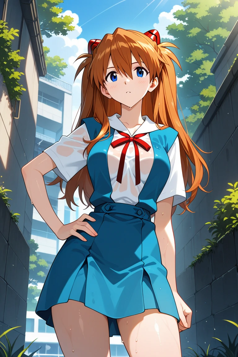 (masterpiece, best quality:1.2), (tsurime:1.2),
(face focus, face close-up, close-up face:1.2), tsurime, 1girl, souryuu asuka langley, solo, blue eyes, school uniform, looking at viewer, long hair, looking back, tokyo-3 middle school uniform, orange hair, white shirt, from behind, shirt, short sleeves, closed mouth, bangs, two side up, stairs, feet out of frame, white socks, suspender skirt, blue skirt, blue dress, outdoors, dress, hair ornament,