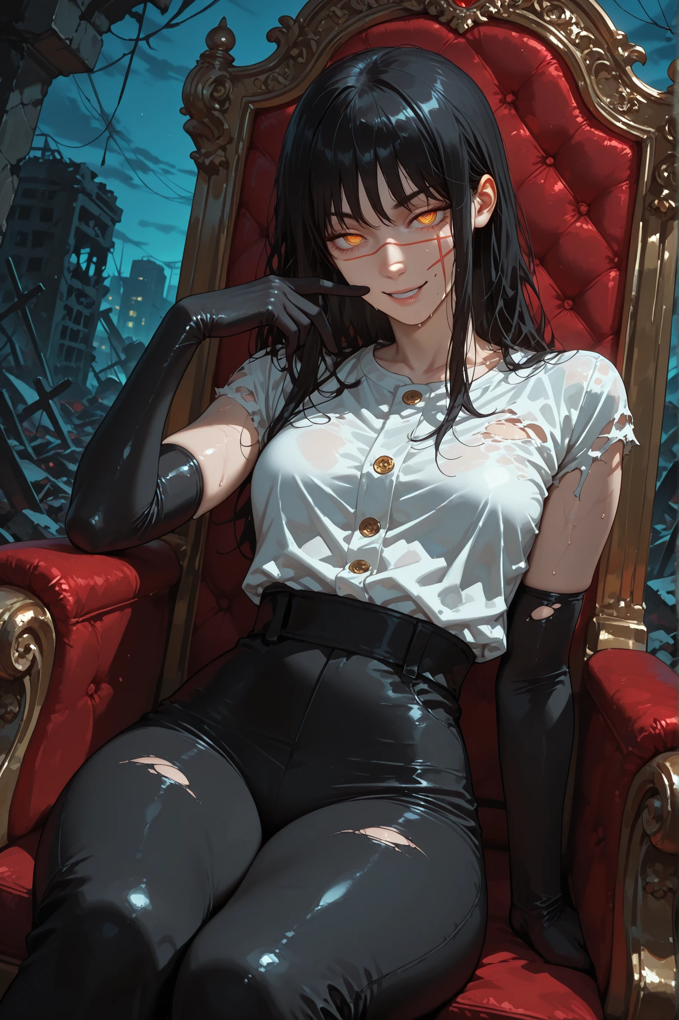 1girl, yoru (chainsaw man), scar on cheek, cross scar, long hair, black hair, yellow/red eyes, ringed eyes, detailed eyes, seductive look, ironic smile, sweat, looking at viewer, white shirt, torn sleeves, elbow-length gloves, black gloves, tight black pants, outdoors, night, ruins, throne, sitting on throne, looking at viewer, sexy, sensual, very beautiful, detailed hands, dynamic pose, dynamic angle, seductive, best quality, masterpiece, ultra detailed, very aesthetic