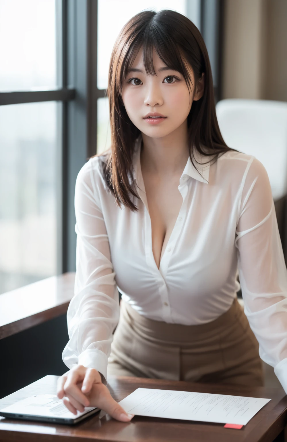 beautiful、20-year-old、one woman、shirt、Tight Skirt、Panties are visible between the skirt、High quality、brown hair、masterpiece、Super high quality、Japanese、provocative face、cleavage、sitting with one's knees up、Seen from the front、legs spread、bob hair,skirt lift,