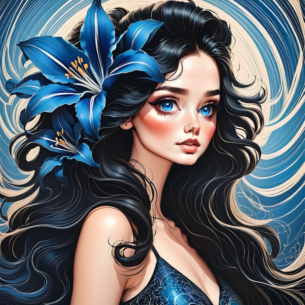 Navy and Teal stick figure 1 girl with flowers, lots of flowers in background, in dress with flowers, its fine ink line art, comic style, portrait of ploynesian girl, Gigi Hadid, Hollywood glam, beautiful line art, comic style, manga style, manga art style, pencil and ink caricature drawing, Navy and teal coloring