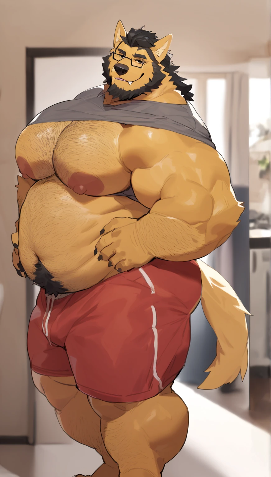 Beast-like body、Massive build、male、Age 35、Armpit Hair、Big belly、cool、Gentle manner、Work clothes、Construction Factory、Twisted underwear、Restraint hands、Golden Eyes、Sweat、painful、Angry、Lowered pants