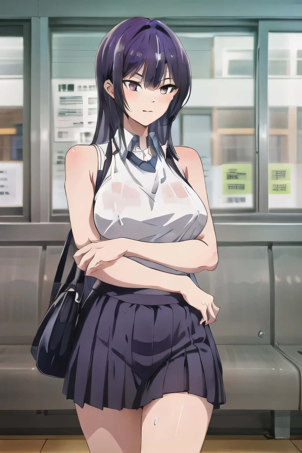 A woman with very long black hair and (very long bangs:1.5), wearing a and skirt with pantyhose, standing. The artwork is inspired by manga and incorporates a doujin style. The woman appears to be (wetting herself:1.5), which causes her to feel embarrassed and humiliated, resulting in a blush on her face. In addition, there is an air of anger in her expression. The lighting in the scene is moody, with a spotlight highlighting the woman's figure. She is crossing her arms, (arms crossed:1.5), fully showcasing her skirt., large breasts