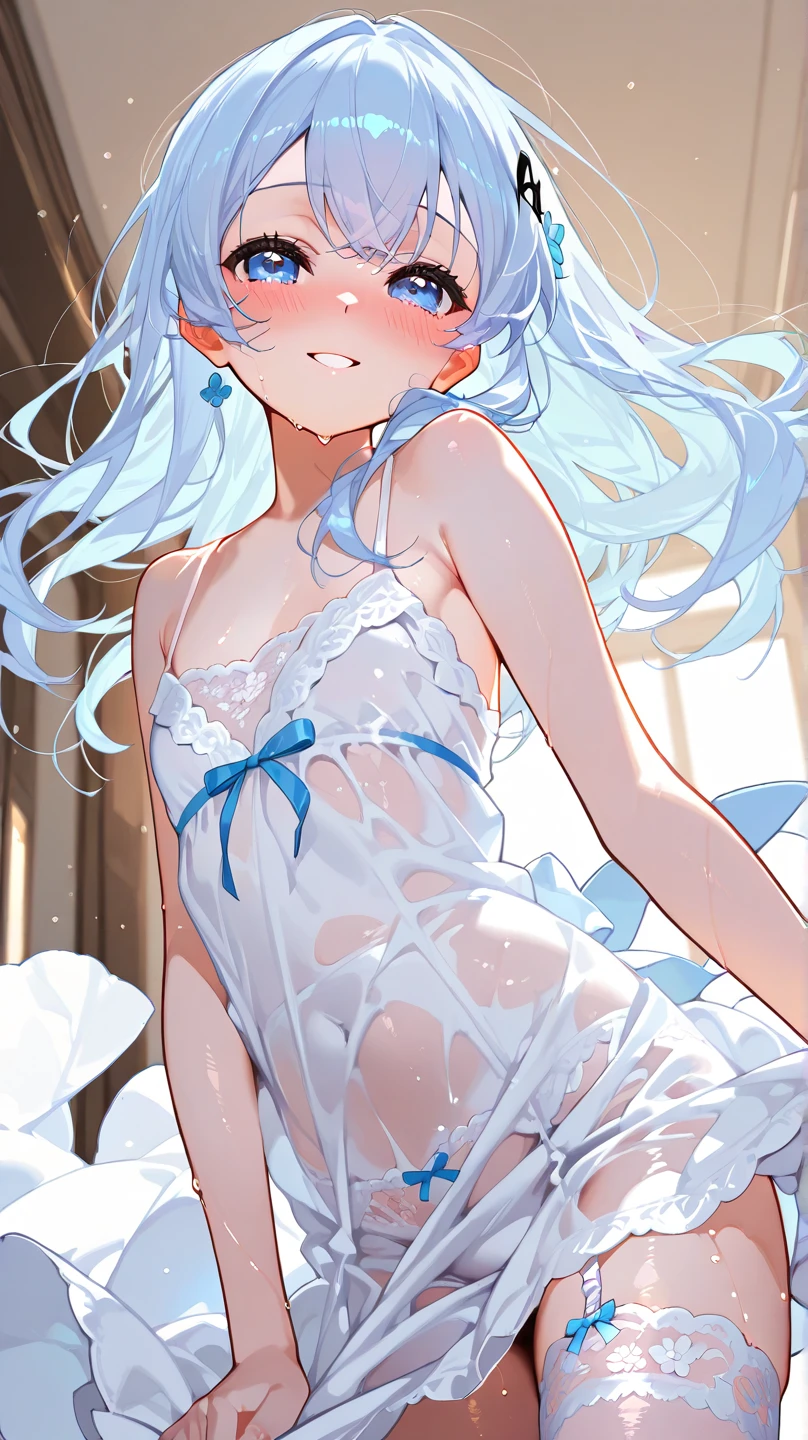 Best Quality, Single Girl, Warm Lighting, White Underwear, Colorful Hair, Cute, Anime, Sheer White Skin, Asian Girl, Full Body, Sensual, Gentle Eyes, Cat Ears, Animation, Provocative Pose, Fantasy, Seductive, Embarrassing, , Frightened, Camisole, Hair Color Is Light Blue, Collar, Tail