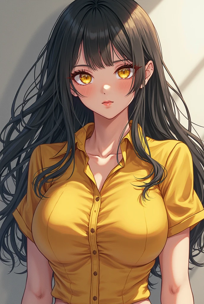 UHD, retina, masterpiece, accurate, super detail, high quality, highres, 4K,((1girl)), 17 years old, ((cute face)),((detile texture face)),((perfect eyes)), solo, ((shorts hair)),((yellow eyes),((straight)), huge breasts,((oversized breasts)),upper body, bedroom.