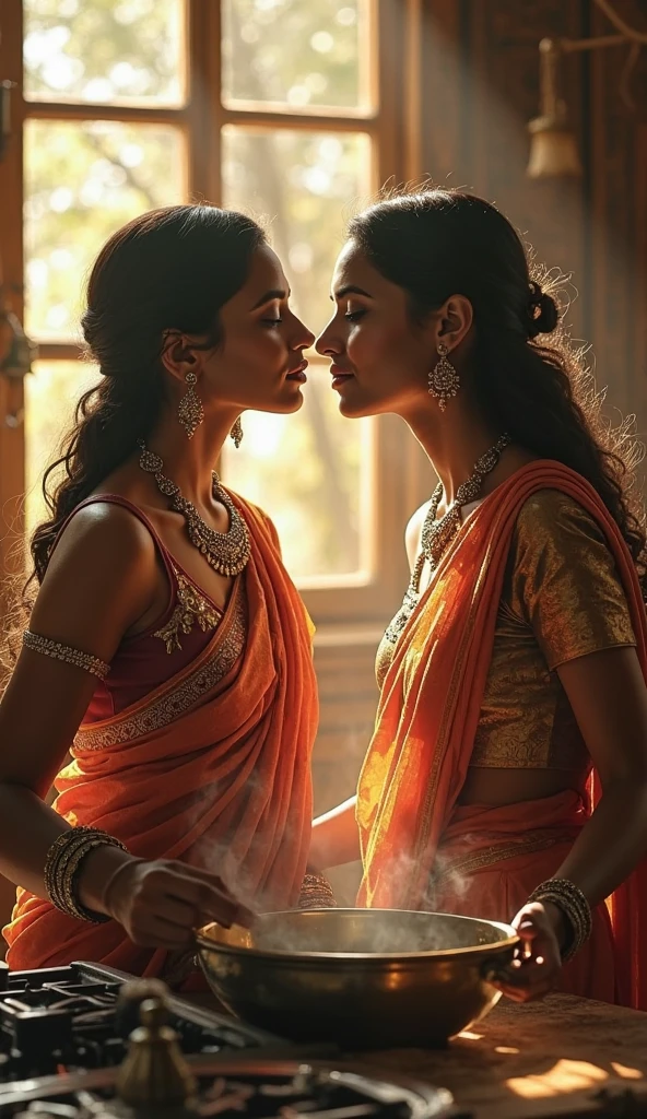 Two women in saree with deep neck blouse standing back to back with back and butt touching. Both having severe hate for each other try to look at each other in the same pose