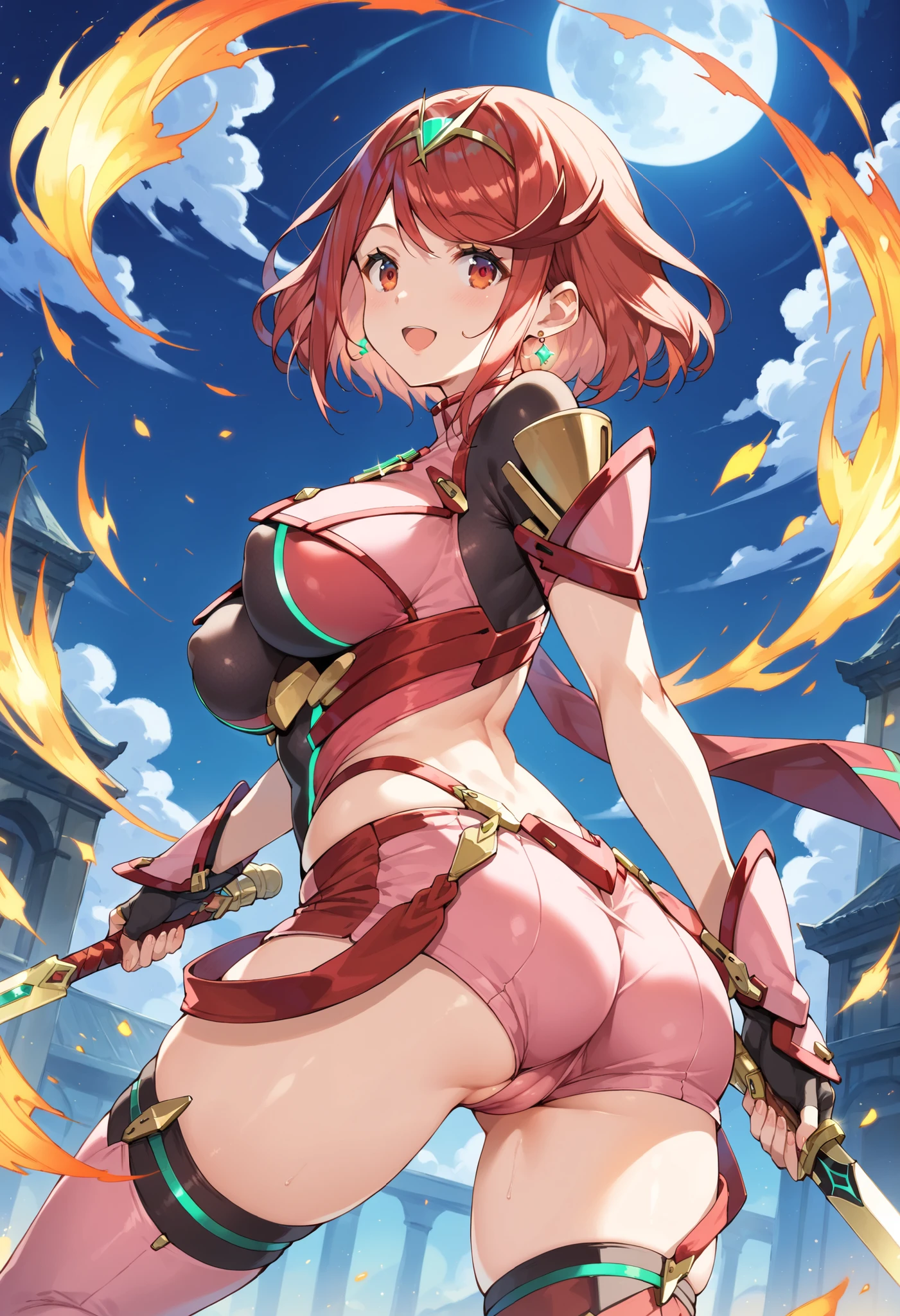 pyra \(xenoblade\), _1girl, lolings, black gloves, breasts, red eyes, shout, earrings, eyelashes, fingerless gloves, floating hair, , gem, gloves, hair ornament, headpiece, jewelry, gigantic_breasts, leaning back, swimsuit, neon trim, official art, pose, red hair, saitou masatsugu, short hair, sidelocks, skin tight, solo, swept bangs, thighhighs, tiara, fantasy_town_background, underbust, xenoblade chronicles \(series\), (xenoblade chronicles 2), (spread_legs:1.1), fire_effect,dynamic_pose,fighting,light_smile, (plump:1.1), big_ass,huge_sword, hold_large_sword_hilt, covered_nipples, covered_pussy, fists,ponytail,beautiful_fingers,(solo:1.1), bare_shoulder,(shoulder_naked:1.2), nipple_jewel,back, back_view, focus_ass,ass, (very_short_shorts:1.3),(lise_leg:1.4)