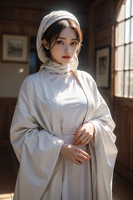 (((best quality))),(((ultra detailed))),(((masterpiece))),illustration,((1 Arabian girl,solo)),((slim,thin,small breasts,flat chest)),summer,(in desert:1.3),white headscarf,(white abaya:1.3),slender legs,(arms behind back:1.2),radiant smile,fair complexion,sun rays,gentle breeze,elegant attire,vast expanse,golden sand,azure sky,dunes,stillness,graceful elegance,((from front,upper body)),