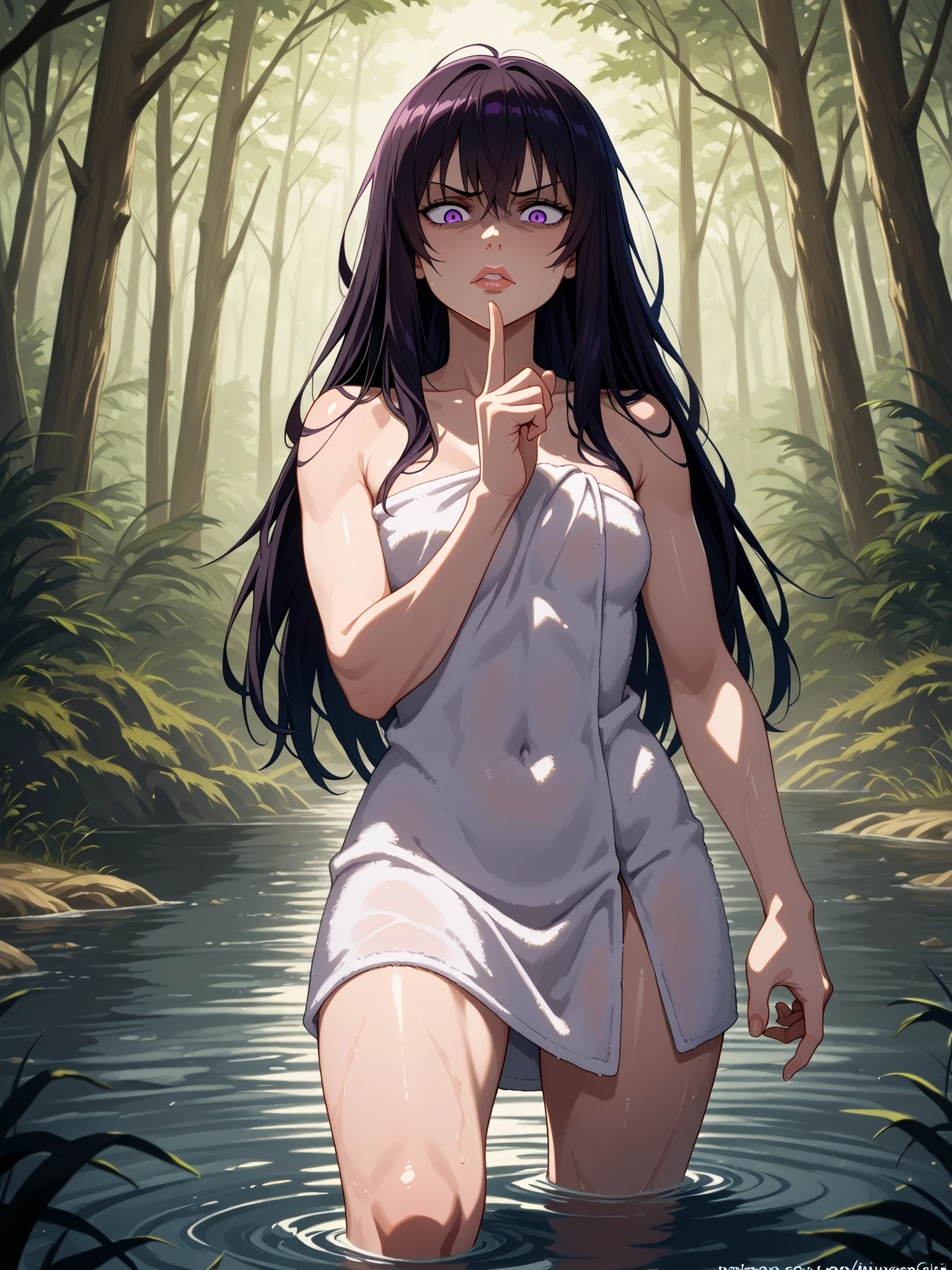 Futanari witch girl with long dark hair, with her purple eyes and a stern look, aggressive facial expression, lips pursed, is wrapped in a towel and holds a towel with her hand, points a finger, the riverbank in the forest, knee-deep in water