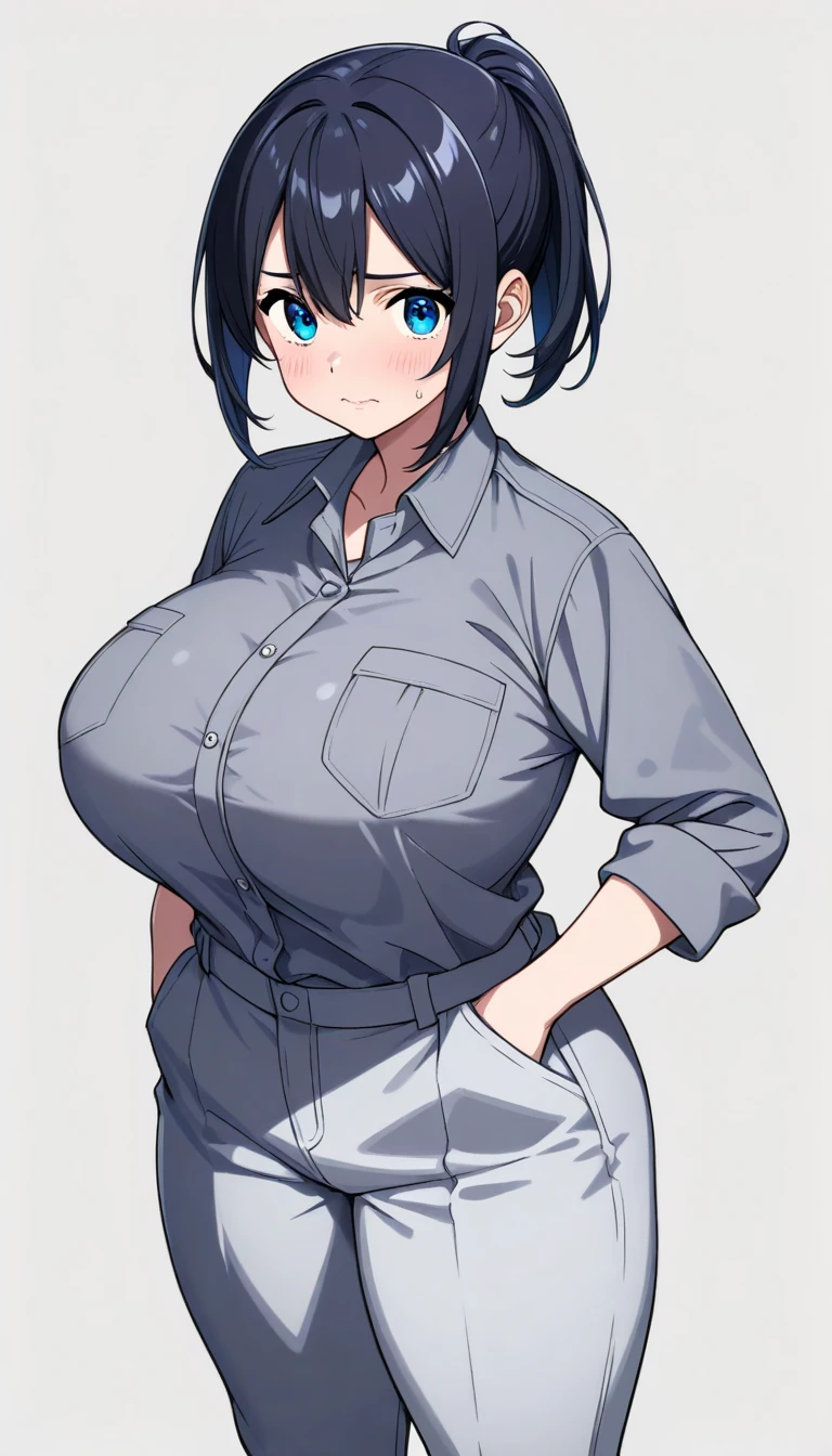 middle-age woman, cow woman, black and white cow ears, blue eyes, black ponytail, happy, chubby, standing, autumn background, town