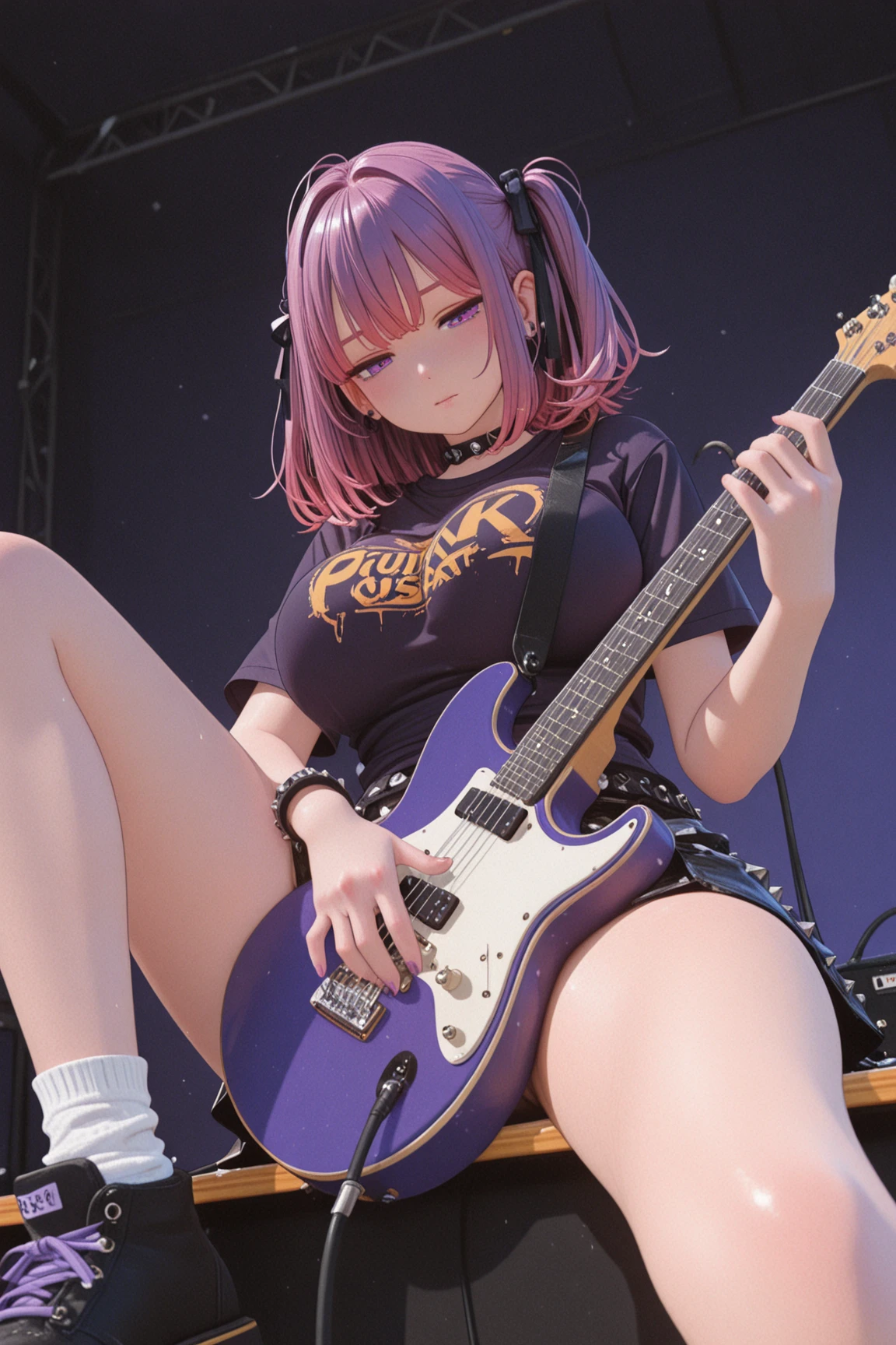 (((NSFW)))、((Masterpiece, Highest quality、Super detailed, Attention to detail))、Tabletop、girl、((high school girl、Black Hair、(Very Short Hair)、Slit eyes、Red Eyes、eight-headed body、Model-like style、Slender))、((((Completely naked))))、Silver earringultiple silver accessories、Silver Ring、Silver Ring、bandギャル、(((Red electric guitar)))、(((liveハウス、live、band、Dim lighting)))、(((Playing guitar)))、((live、Playing the guitar、On stage))、((No bra、No underwear))、(((Sweating a lot、Sweat dripping、Sweat vapor)))、(((Wet Hair)))、(((Body odor)))、((Sweaty smell))、((((Love juice overflows from the vagina))))、((Angle from below、I can see the vagina))、smile、(((Leg spread)))、(((tears、snot、Drooling)))、(((Dildo in vagina)))、(((Masturbation)))