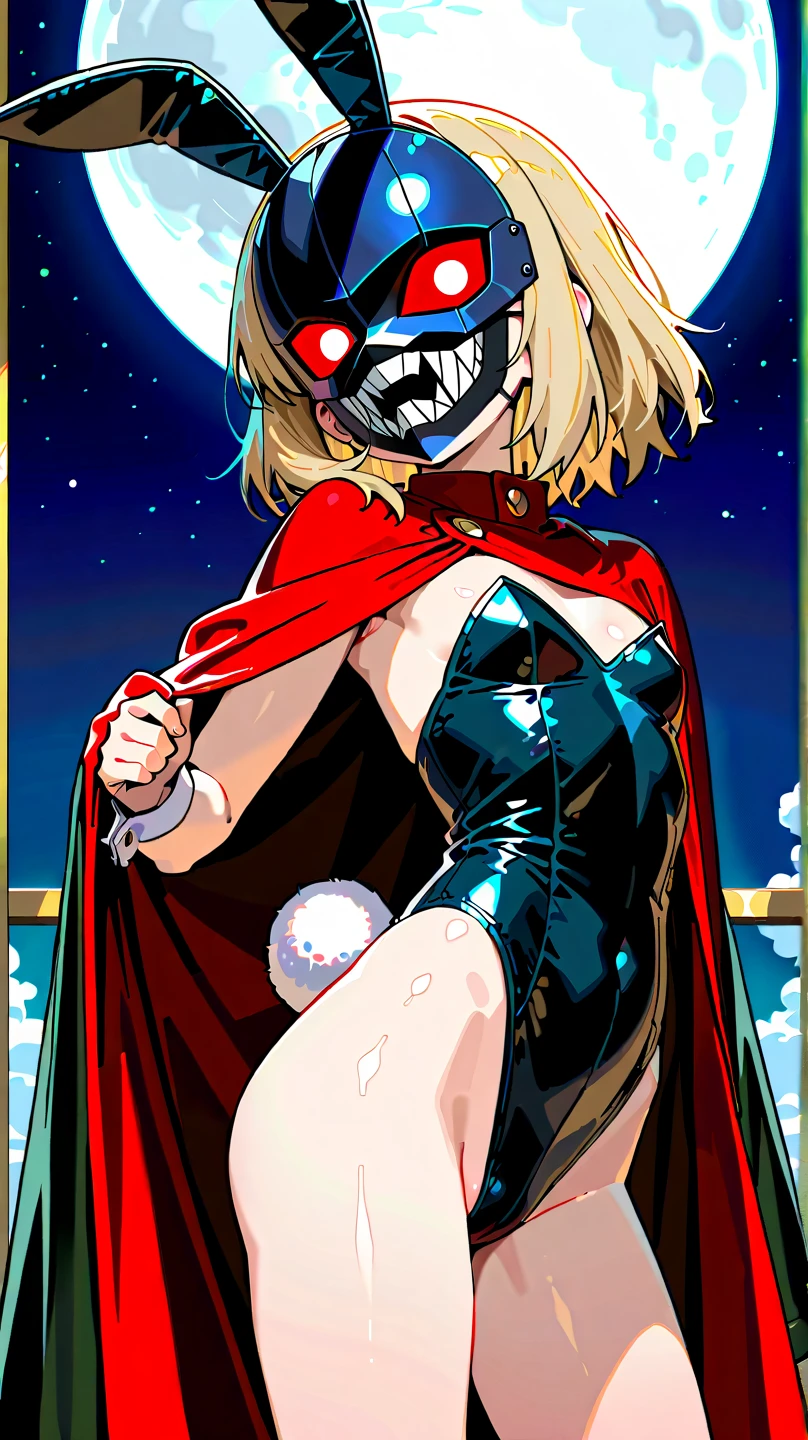 Demon mask, blonde side chignon, smile, swimsuit, cute 