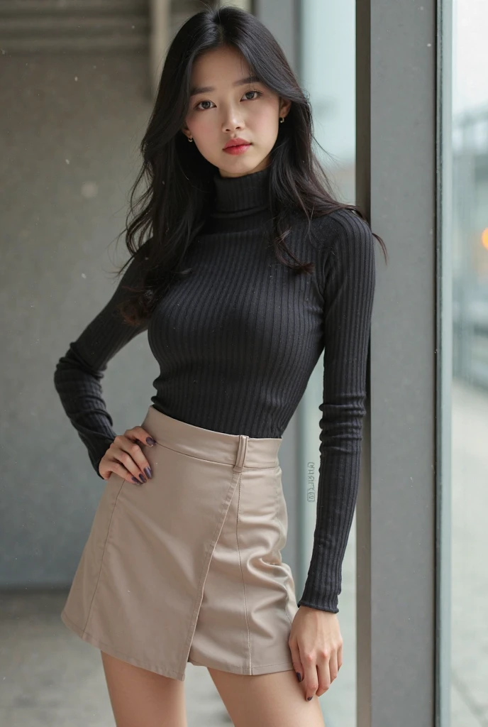 (best quality),(full body portrait),(long thin legs)、delicate face, Pretty face,Slender,(light purple turtleneck、Gray plaid skirt)、nsfw,(Flip up the skirt yourself:1.5)、(black pantyhose越しに黒いパンティーが見える:1.3)、(black pantyhose、black high heels),Offices on high floors、There are large windows、Detailed background、adorable,smile,((Sitting at a desk pose)),Tiffany's Necklace、Ring-shaped earrings、Chain Bracelet
