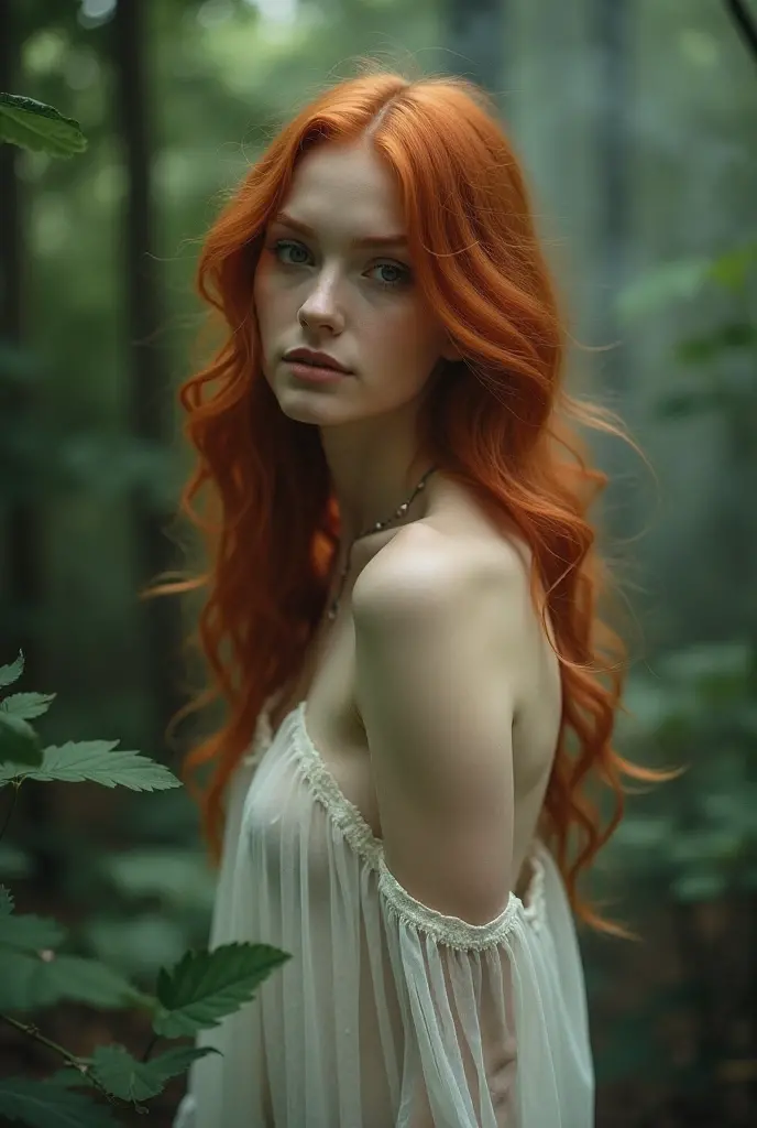 There is a woman with red hair posing in a forest, ethereal beauty, redhead girl, redhead goddess, in the forest, redhead woman, redhead, very ethereal, sensual woman, beautiful redhead woman, in the forest, wrapped in transparent fabric, mist, ethereal and dreamy, with pale skin, she is redhead, veiled in mist, Incredibly ethereal, in the forest. analog photography