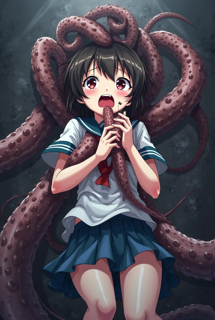 ((top quality, 8k wallpaper)),(masterpiece, best quality),(((anime, anime screencap, black outline))),extremely detailed,high definition,(official art),1girl,solo,scared,panicking,screaming,raised eyebrows,crying,tears,half-closed eyes,sweat,sweatdrop,
takina inoue,purple eyes,black hair,long hair,lycoris uniform,green ribbon,long sleeves,two-tone dress,pleated dress,collared shirt,kneehighs,
BREAK
,bound,restrained,(((too many tentacles, tentacles,bound by tentacles, bound neck by tentacles, close-up, portrait))),midair,