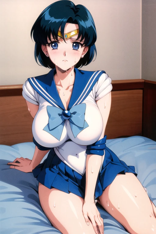 (Masterpiece Anime, Retro art style, Clean brush strokes, Very detailed, high resolution, 8k, Perfect Anatomy, Browsing Caution), indoor, living room, sofa, (Above the knee shot), (Himari Noihara,), 1Girl, Eyebrows visible through hair, bangs, Black Hair, Long Hair, ponytail, Purple eyes, (Sansakumaru:1.4), (Beautiful and realistic eyes:1.5), Confident々Smile, High Body, Long and beautiful legs, (Large Breasts:1.5), Cleavage,(Cute pose), (Sailor suit top), (Sailor suit miniskirt, Navy blue), Leather student bag,