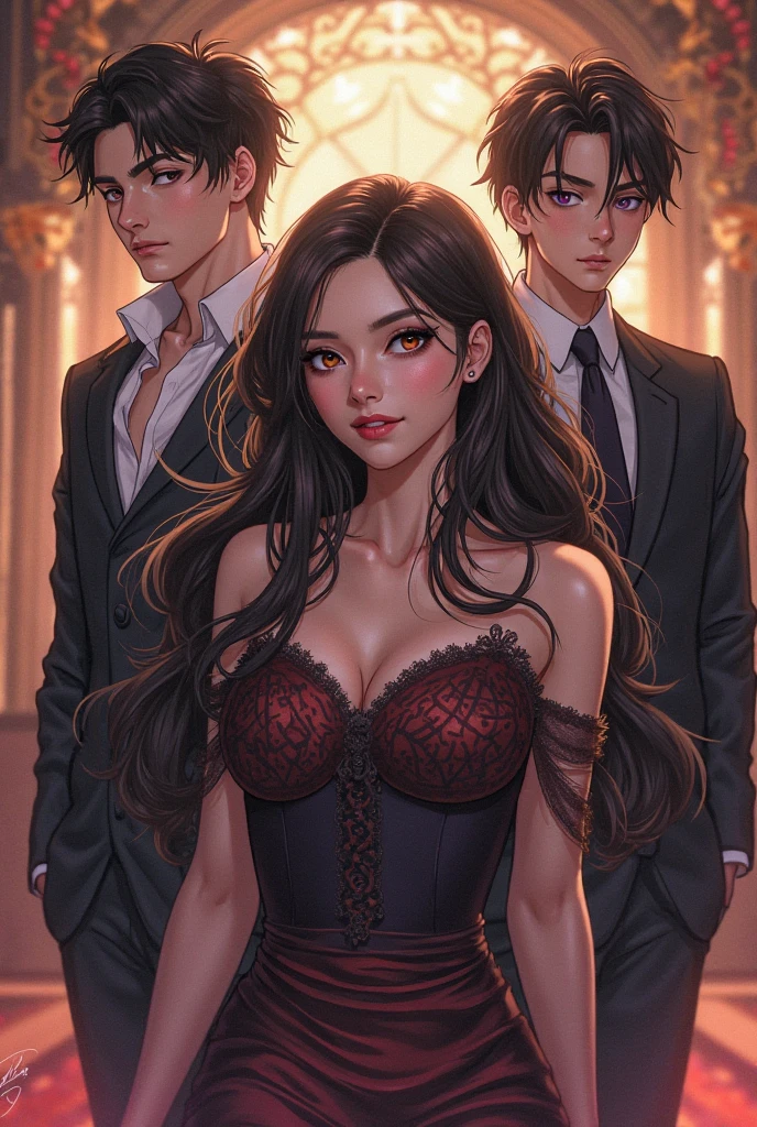 A single Latin woman, brunette woman, chestnut hair, frightened look, not looking at the camera , brunette skin , breasts small, dressed in a sexy red short dress and several men touching her,, lying on the company sofa, men pulling the dress, tearing dress