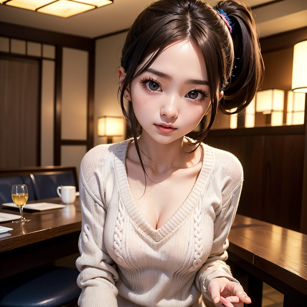 8k、highest qualityr、Obra maestra、Una calidad de imagen ultra alta、Ultra-detallado、Super Beautiful、animesque、Ultra-realistic meat feel、cuerpo completosbian、Drinking a latte、Prendas de punto roja sin hombros、Mujeres hermosas、Cabello largo y azul、poneyTail、ojos azules、piel brillante、very small breasts、extremadamente grande、piel brillante 、The background is a café