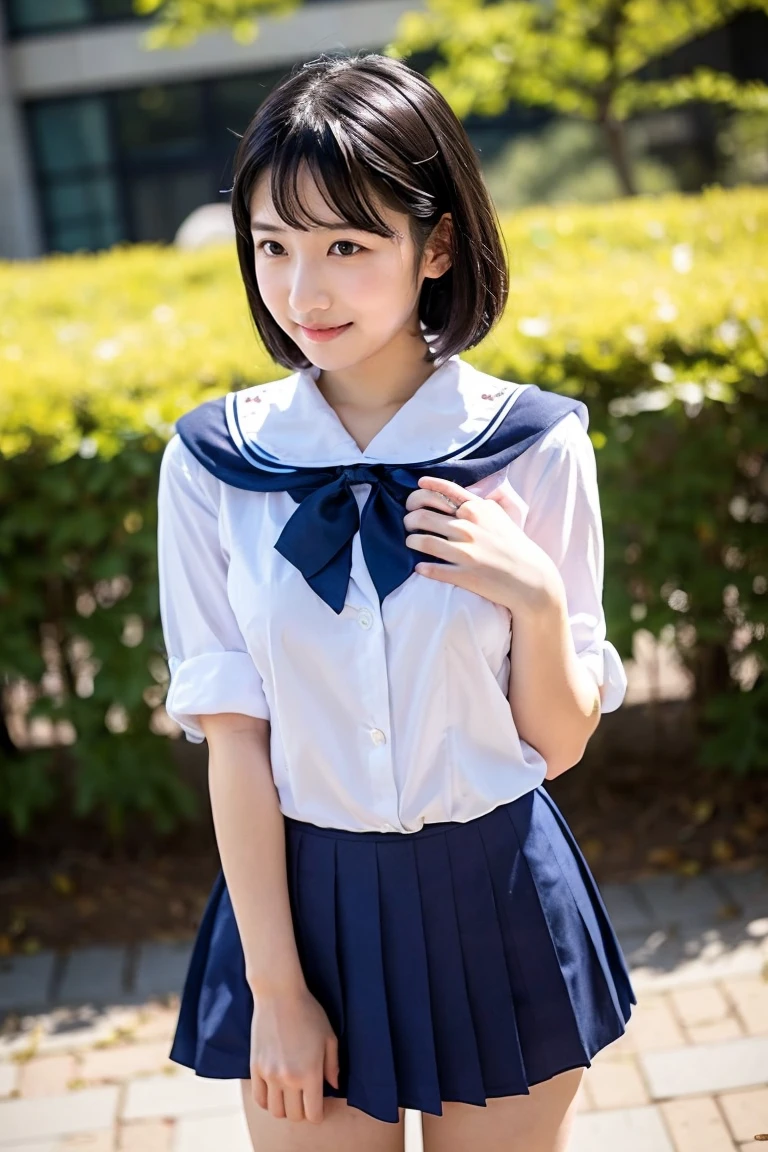 sailor uniform, One Woman, (Beautiful woman, delicate :1.3), Black Hair, (bob cur:1.4), bangs, 8k, Highest quality, masterpiece, Very detailed, Ultra-high resolution, Realistic, RAW Photos, Absolute Resolution, Black Hair, sky blue sailor uniform, (sky blue pleated skirt:1.4), (Realistic junior high school student:1.4), (White headband:1.4), Small breasts, expensive, Bright Blue Eyes, (In front of the school gate), smile, (standing pose:1.4), (one school bag on shoulder:1.4), (long skirt:1.4), slender female body, (Blur the background:1.4), (looking at the camera:1.4), glossy hair,