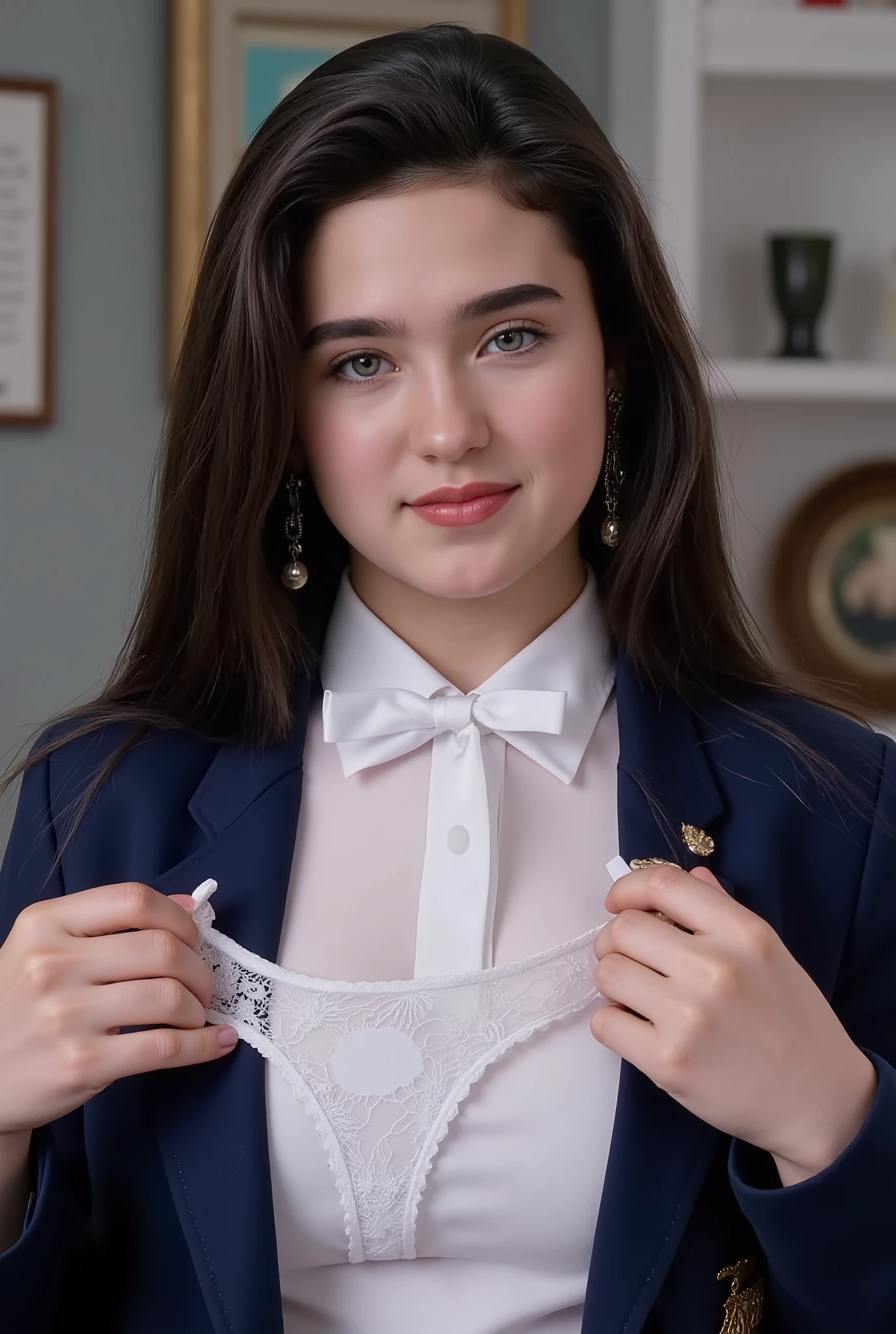 (masterpiece, Top quality:1.5), European schoolgirl with pale pink shiny white skin, from the front、17year-old Jennifer Connelly、sunny indoor、smiles shyly、I'm holding her white lace thong spread out in front of my chest、she is wearing a dark blue blazer with an emblem and a white blouse with a white ribbon tie, Bust Shots,plump cheeks、Classy little mouth, No makeup, muscular like an athlete, broad shoulders, plump breasts、Thin Waist、round ass、 European high school girl with long muscular limbs, Shiny, straight black hair , beautiful earlobes 、A gentle smile、