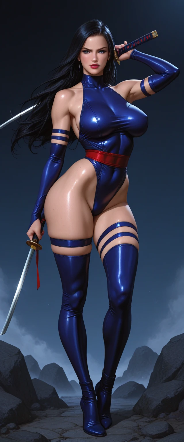 4K, Woman, muscled body, cabelo roxo, blue leather clothing, holding katana, red waist belt.