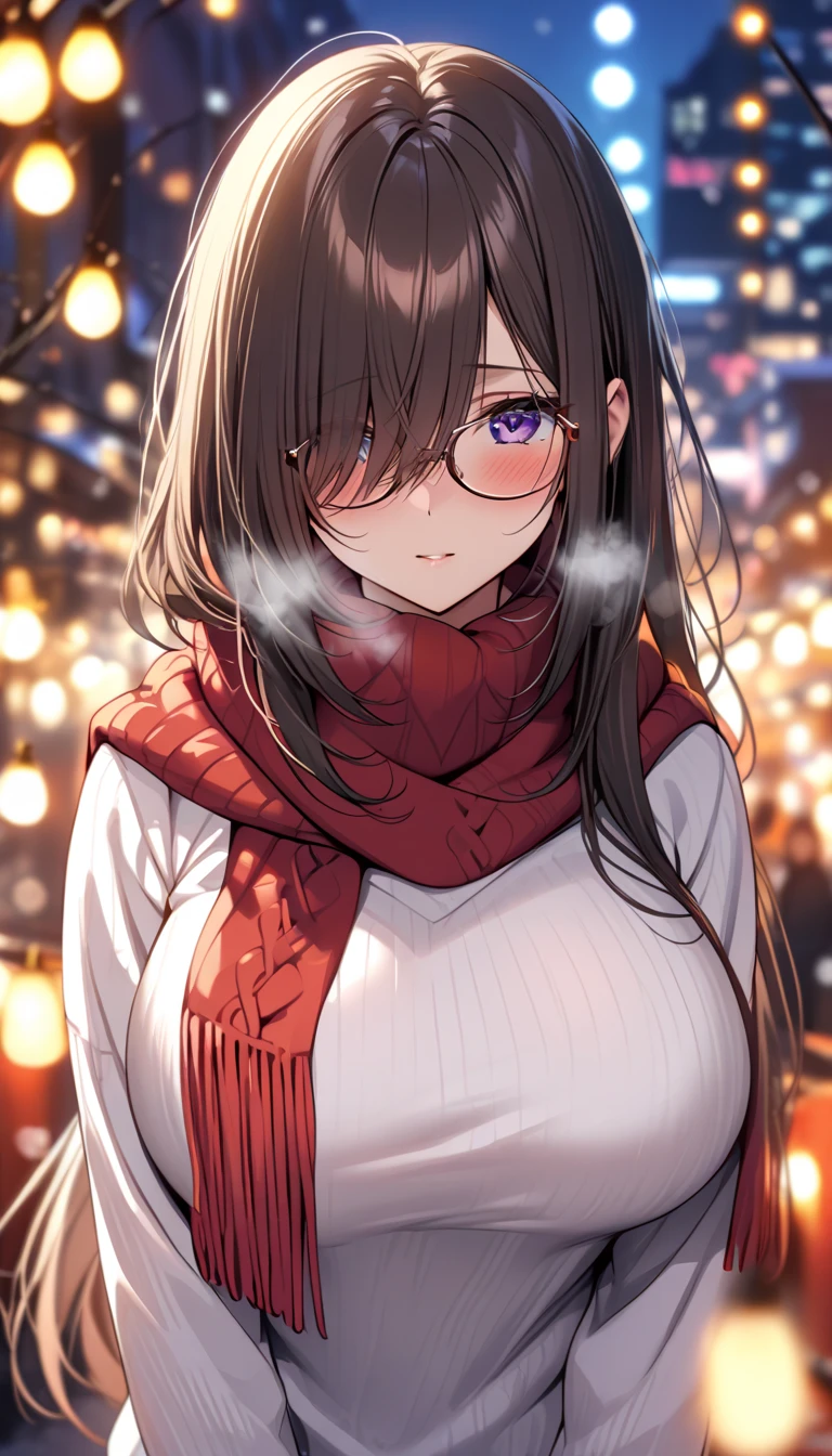 (masterpiece, Highest quality:1.2), (1girl), alone, ((long hair)) ,((dark brown hair)), ((straight hair)), ((hair over face)), (hair over one eye), (hair over right eye), high detail, bloom, (beautiful effects), (((white Sweater high neck))), detailed eyes,(purple eyes), ((big breast)), ((purple eyes)), (winter),(lights) , blush, standing, ((close-up)), ((red warm scarf)), cold, breath, pov, ((in love)), glasses
