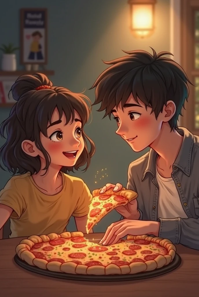 Now make the background, a rustic style apartment, with brick walls, in the kitchen area, A girl on the counter and the boy feeding her in the mouth , The counter will be full of pizza ingredients and a little bit of flour all over the place.
