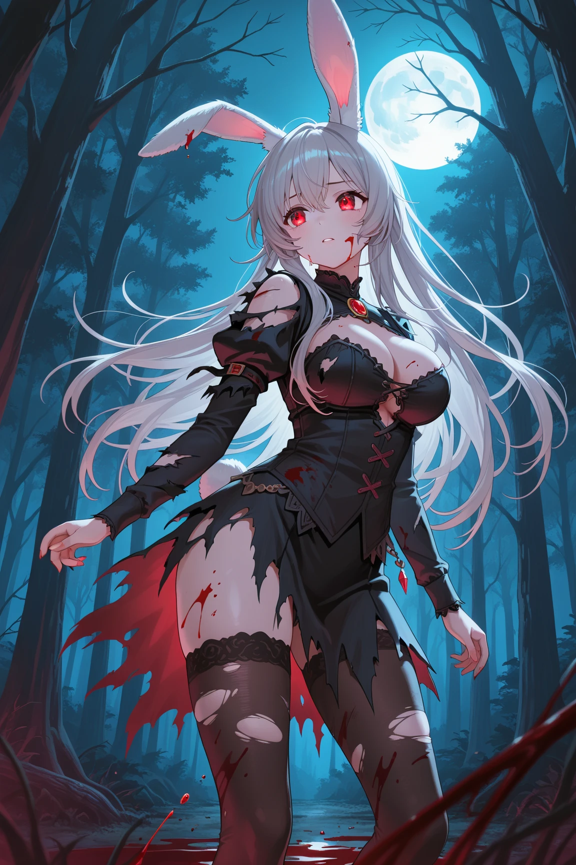 Young woman, witch, white costume, stockings, lots of injures covered with bandages, ((blood)), masterpiece, realistic, 8k, greatest quality, (torn clothes), decollete, blush, sad, crying, snowy forest on background, blizzard, white hair.