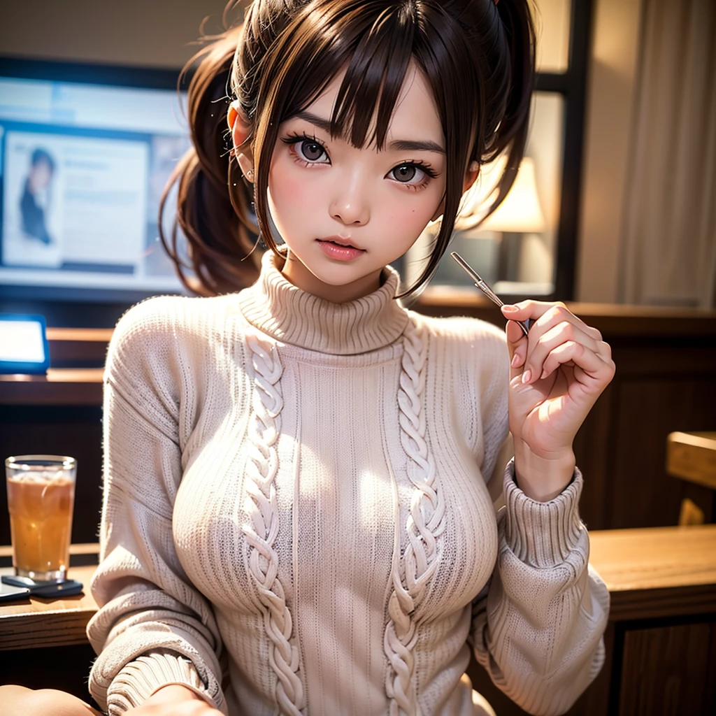 (masterpiece:1.3), high resolution, ultra detailed, extremely detailed CG unity 8k wallpaper, realistic, photo-realistic, RAW photo, beautiful detailed face, pale skin, realistic glistening skin, detailed cloth texture, detailed hair texture, Perfect body, Beautiful Face, accurate, Anatomically correct, Highly detailed face and skin texture, natural neck length, (beautiful handair skin:1.2), Thin legs, Thin feet, BREAK, Detailed eyes, symmetric eyes, Light Brown eyes, Double eyelids, Thin eyebrows, (Glossy lips:1.4), (gently smile:1.2), BREAK, (nsfw:1.1), (A Classy and Cute girl:1.3), (1 girl, one girl), ((wearing a Violet sleeveless turtleneck sweater:1.3)), (White pleated mini skirt), (long boots), (wearing glasses:1.1), (medium large breasts, slender figure, firm abs, firm breasts:1.1), beautiful clavicle, (blonde hair, wavy hair, long hair:1.2), ((asymmetrical bangs:1.2)), BREAK, ((Standing by the window with holding a coffee:1.2)), (from side:1.1), (looking sideway at viewer:1.2), ((Focus on face:1.2)), ((In the modern office at Japan at morning:1.2)), (Cowboy shot:1.2),