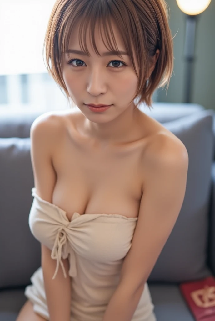 (masterpiece:1.3), (8K, Photorealsitic, Raw photography, Top image quality: 1.4), (Random hairstyles:1.2)、Super Detail Face、Eye of Detail、double eyelid, sharp focus:1.2、prety woman:1.4、light brown hair、top-quality、masterpiece、超A high resolution、(Photorealsitic:1.4)、Highly detailed and professional lighting smile、slender、serious facial expression、short-haired、Nogizaka Idol、Korean Idol、actress、25-years old、tall、Glamour、flank、((nsfw)), (nipples peek, 1.1), ((I can see nipples)) , revealing breasts, huge breasts , inviting eyes, smiling, shirt lift, (((Panties that dug into the crotch))), (((Spread legs wide))), ((very beautiful nipples)), knees to chest, hugging own knees