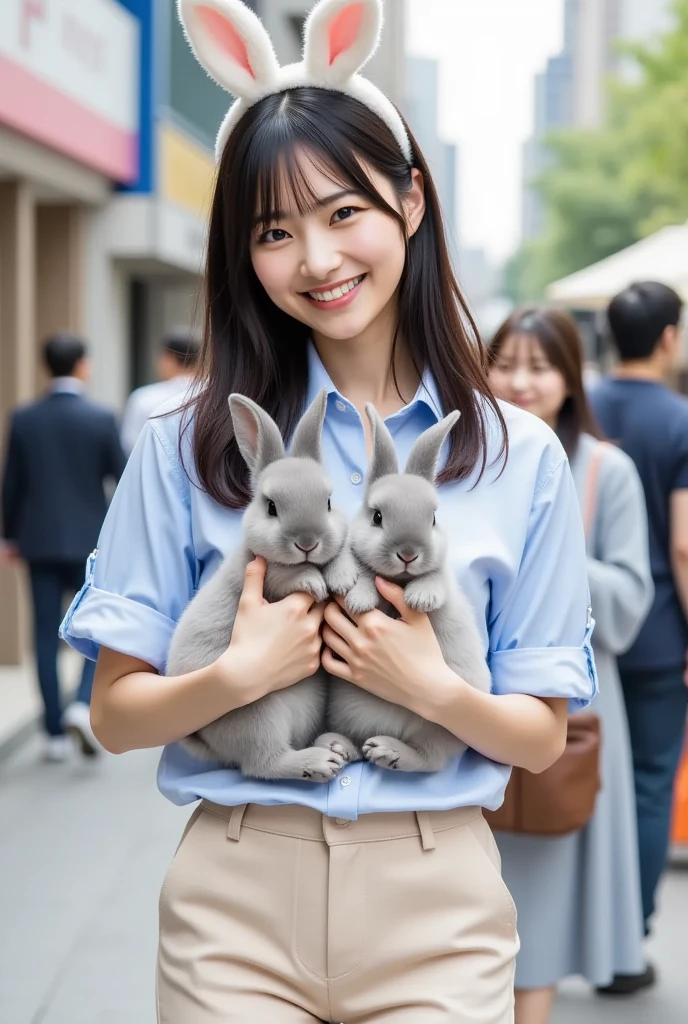 anime girl in bunny ears holding a turtle in her hands, bunny girl、playboy bunny, ultrarealistic sweet bunny girl, bunnypunk, bunny, inspired、pixiv contest winner, The story of the rabbit and the eyes、20代のbunnyガールが亀を持って睨めっこ、mountains in the background々、aerial perspective、goal flag、10th generation、baby face、pretty girl、woman looking at turtle、woman looking into the distance、soft chest、Rabbit army victory、smile