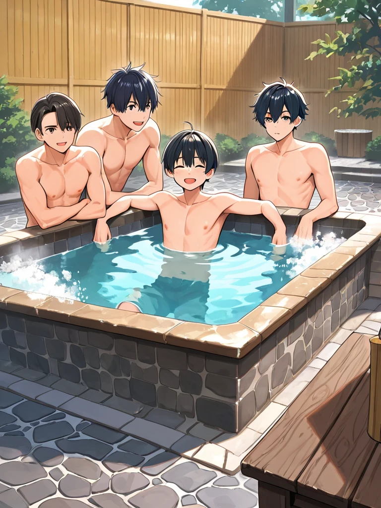 Crouching nudist smartphone photographer、A lot of close elementary school boys hugging each other、A little red、surround each other'neck of、Laughter and joy、longshot、Group Selfies、In the unit bath、Intense curiosity and shame、Leaning forward