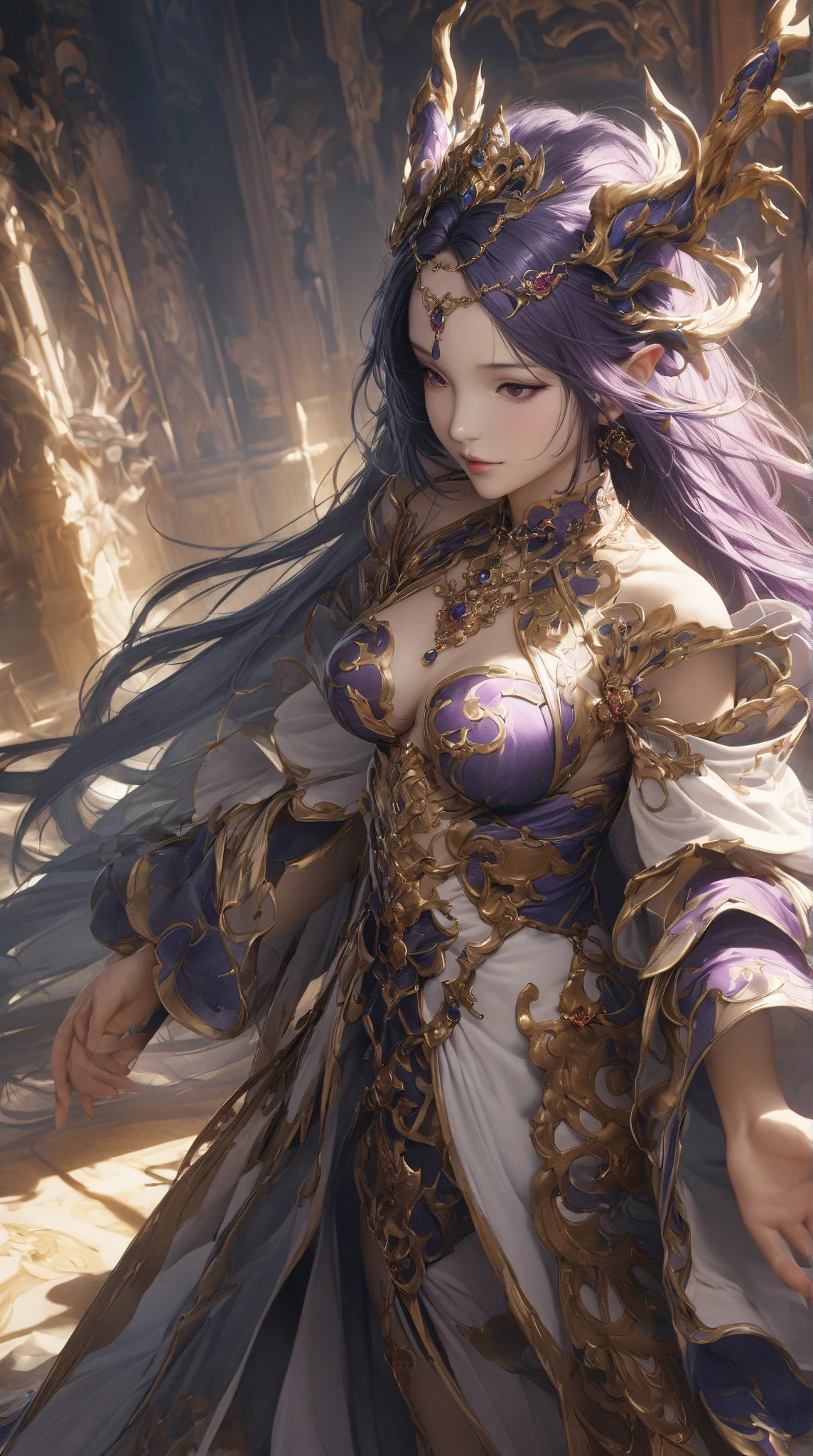 In the core of this captivating tableau, a Cryptic Enigma reigns supreme, a visual feast for the eyes, bathed in an ethereal glow. A sorceress of striking stature is the centerpiece, her cascading waves of lavender and opal locks cascading down in a radiant waterfall, each strand, intricately hand-painted with a shimmering sheen that captivates the viewer with its brilliance. Her countenance exudes a mesmerizing enigma, yet beneath it lies a soft empathy and wisdom that resonates from her gaze. Her hair, an intricate tapestry of glimmering curls