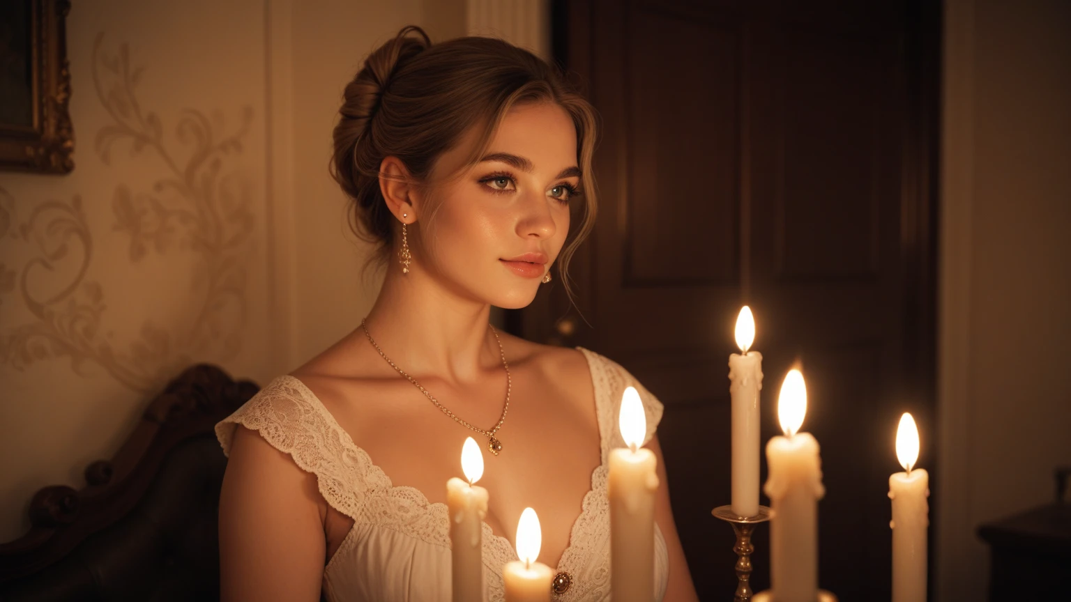 A candle-bearing ultra hot gorgeous European woman. Age 23. epic cleavage (100e size), full red lips. Off shoulder dress. detailed portrait, beautiful eyes, full lips, long eyelashes, random hair color. intricate hairstyle, elegant dress, dramatic lighting, soft warm colors, renaissance style, photorealistic, 8k, high quality, masterpiece