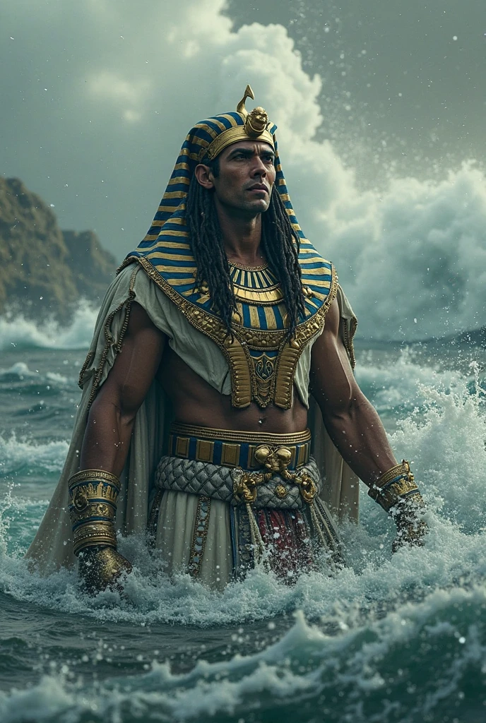 Depict Atum emerging from the chaotic waters of Nun in Egyptian mythology. Atum is a male figure, around 4, with smooth golden-brown skin and piercing dark amber eyes. His hair is short, curly, and black, with hints of gray. His face reflects wisdom and solitude, with sharp features and a strong jawline. Atum is adorned in a simple white kilt and a golden crown, his skin glowing faintly in the dim light. The background features the chaotic, dark waters of Nun swirling around him, with the first light breaking through the darkness. Use masterpiece, best quality, CG, wallpaper, HDR, high quality, ultra detailed face, cinematic, high detail, 8k, raw, high, artstation HQ, unreal engine, octane renderer, 4k resolution, hyperrealistic, highly detailed, and absurdres settings