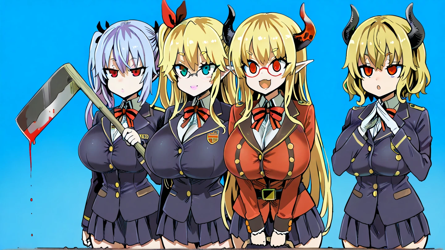 (5girl), (((five girl))), , Five anime girls are: An anime girl with demon horns and dragon wings, sporting blonde hair. Another girl, adorned with devil horns and pointed ears, her hair a fiery red. A dark-skinned anime girl with pointed ears and black hair, exuding an air of mystery. A playful character with fangs, pointed ears, and vibrant orange hair, radiating excitement. Lastly, a mysterious figure concealed in a hoodie, she has no face and obscured by shadows. 5 anime girls In a bustling classroom adorned with vibrant posters and chalkboard scribbles, characters from azur lane, azur lane style, from the azur lane videogame, kantai collection style, konpeki no kantai, fine details. girls frontline, from girls frontline, girls frontline style, ecchi, oppai, girls frontline cg, fate grand order, girls frontline