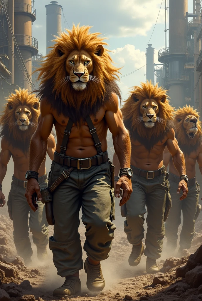 animal humanoid head lion mafia they hold weapons and stand one by one four characters shown close up attractive environment