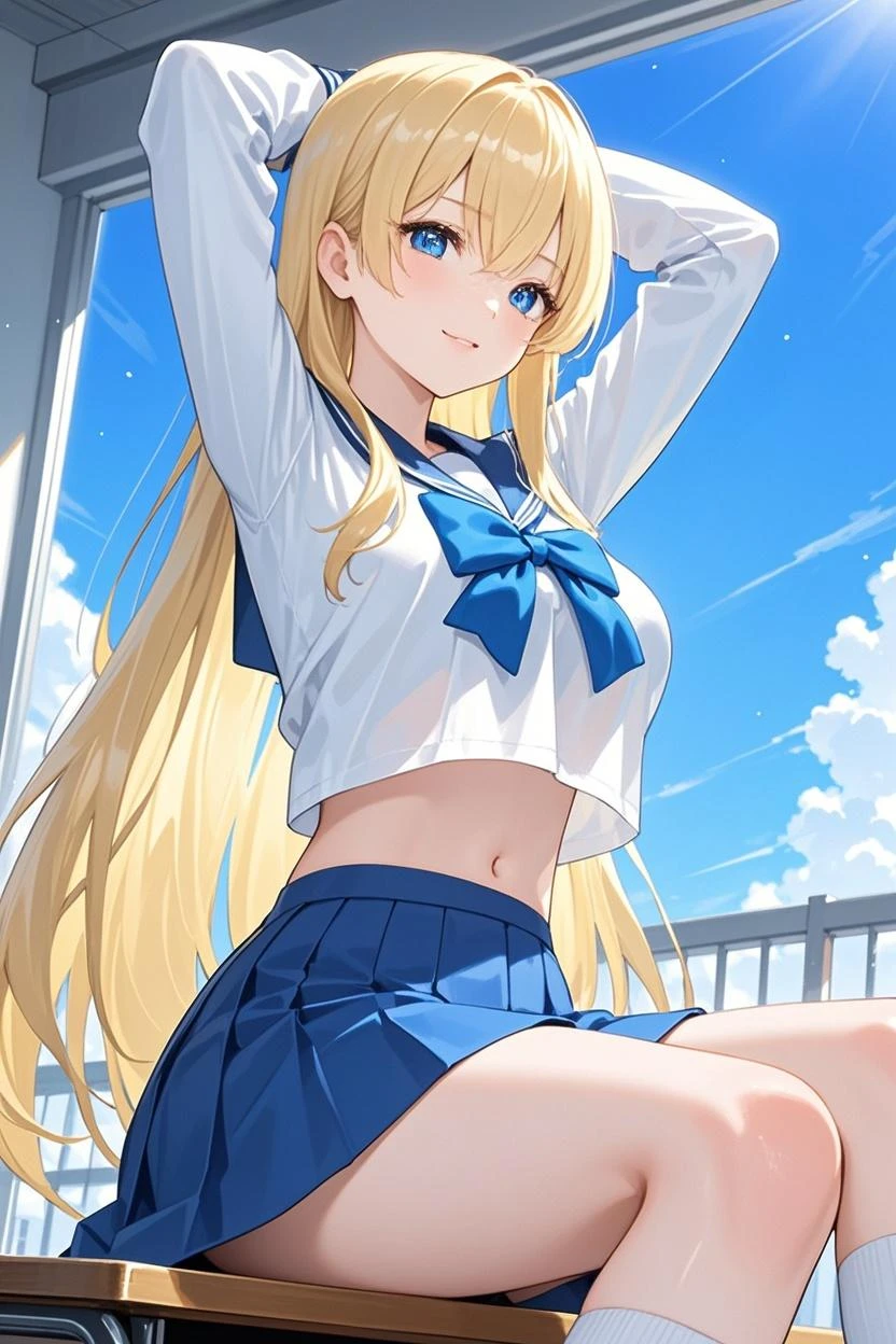 top-quality、realistic touch,high-detail、photoRealstic、thin-waist、captive beauty、big eye、solid platinum-blonde eyelashes、platinum-blonde、full body Esbian、Sparkling eyes、Flushed cheeks、Kamimei、thin-waist、Voluptuous thighs、In the classroom of the school、Navel look、She is in estrus、a sailor suit、cocky expression、Colossal tits、Super short skirt with V-line visible、Sleeveless、