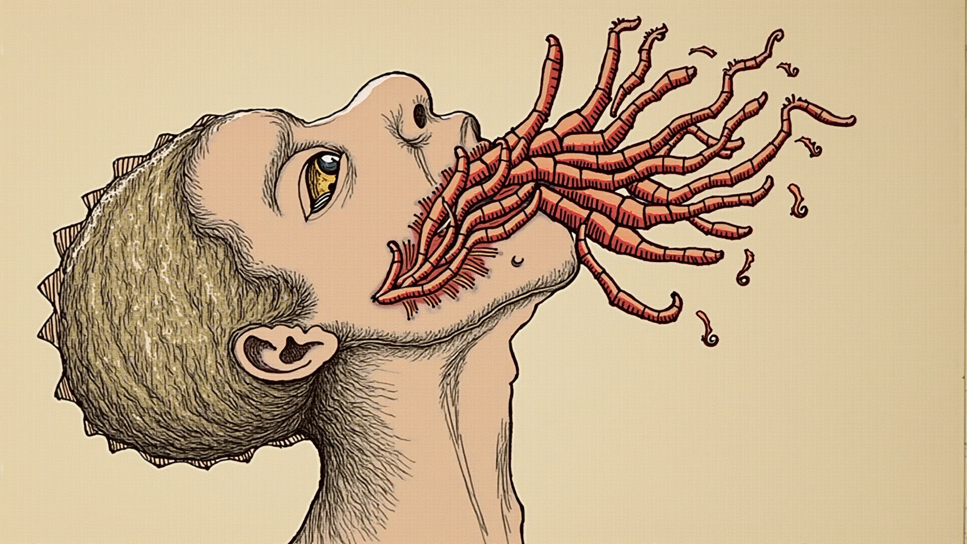 a picture of a man made completely out of worms, surreal background, disturbing