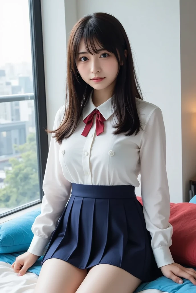 A live-action photo of an extremely beautiful Japanese high school girl race queen who highlights her large breasts and beautiful legs.、In a photo studio, she wears a cosplay uniform and takes promotional photos for compensated dating、She is an eternal idol who combines a clean look with modern charm.。 She creates such beauty。 She feels her own warmth。 She creates a warm atmosphere。 We create beauty。 That's what I want to say。 In her full body photo、The figure features porcelain-like skin and golden hair that radiates a soft glow.。 This is probably、It captured the essence of her timeless charm.、This is the best shot ever.。 Each straight line and curve is carefully expressed.、Breathtakingly beautiful with impeccable detail。 This piece perfectly captures her timeless beauty.。 Divine Proportions、Sharp focus、Full-body photo taken by Kishin Shinoyama、high quality、High resolution、Detailed Background