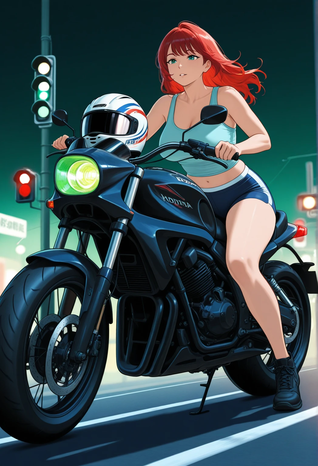 Candace, red tank top, skirtless, driving a motorcycle, white panties with red hearts, heart print panties, legs, white shoes, red socks, sunglasses, front view, thicc thighs, head turned to viewer, looking at viewer, 2D cartoon,