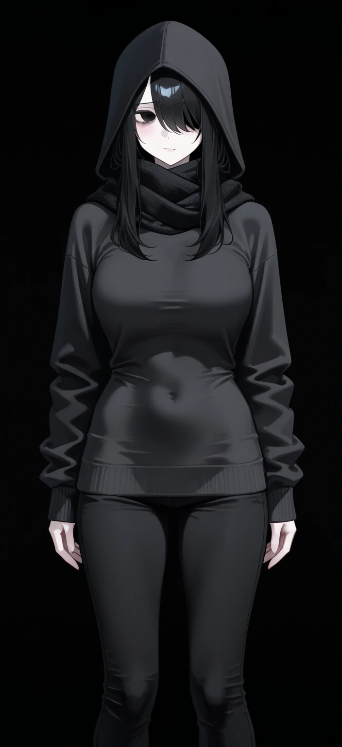 girl, wearing a black t-shirt and sweatpants, short black hair