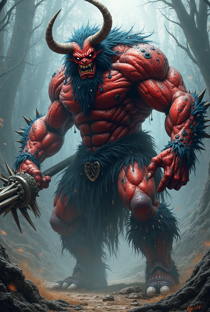 Create a realistic book cover, a red ogre making an angry face with an axe in his hand, covered in blood