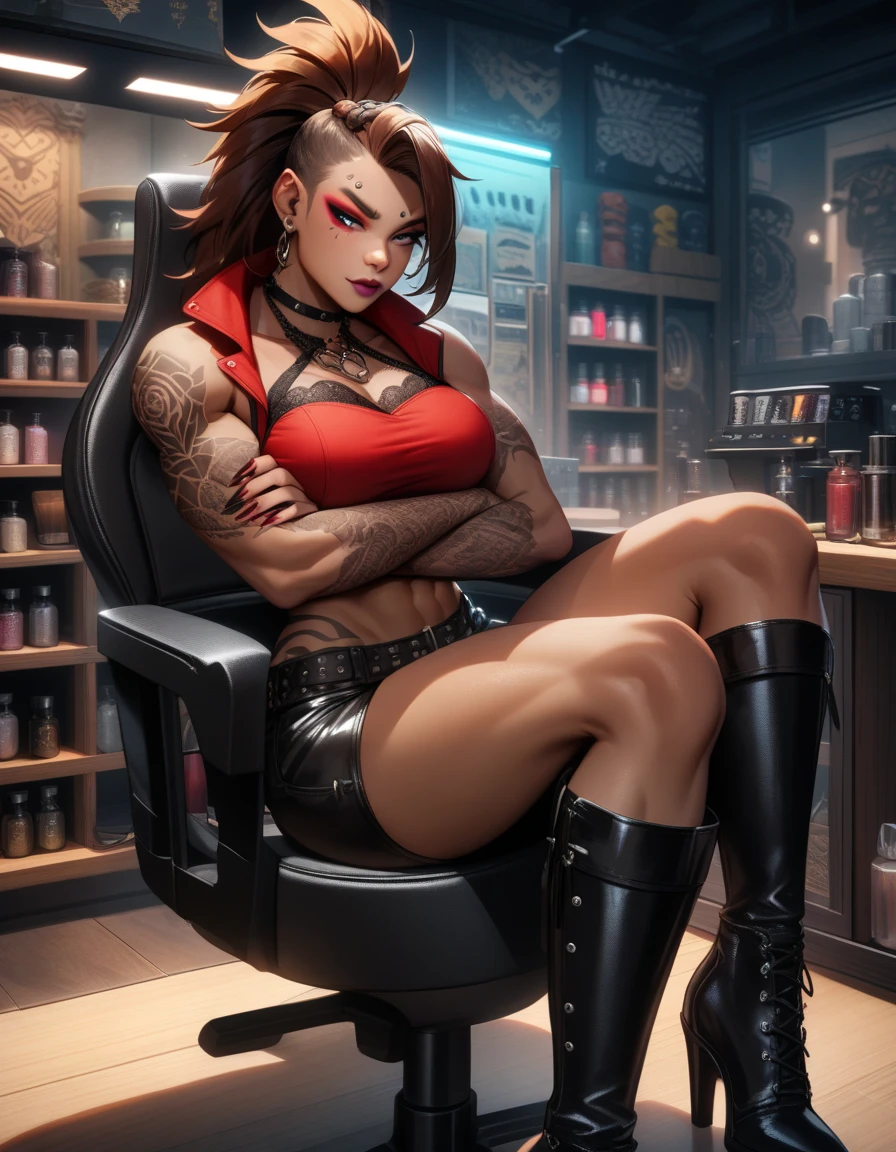Beautiful woman,solo, focus, black and red hair, massive , muscular body, tattoos,goth girl,((headphones, glasses)) futuristic apartment, sitting, gaming chair, dynamic pose, ultra realistic detailed, ray tracing cinematic shot, unreal engine 5, award winning image,