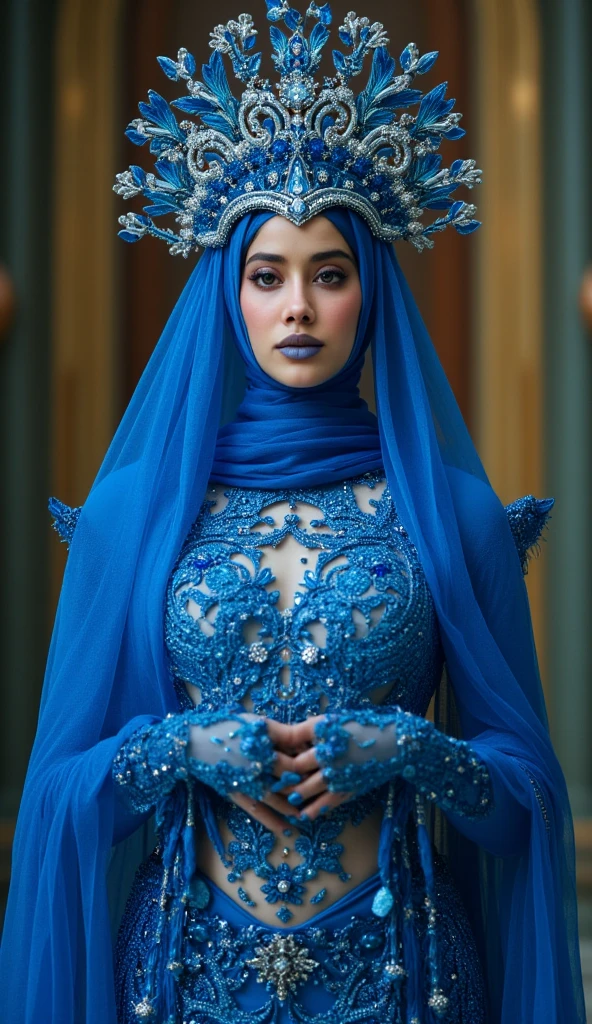 The beautiful,slender thin and clever asian taiwan adult female girl with beautiful and shiny cheeks wears jewel blue peacock animal lycra turtleneck unitard catsuit covered with scales and jewel blue peacock lycra elastane stretchy dancewear hijab-like hood covered with scales.She will open her huge beautiful peacock tail