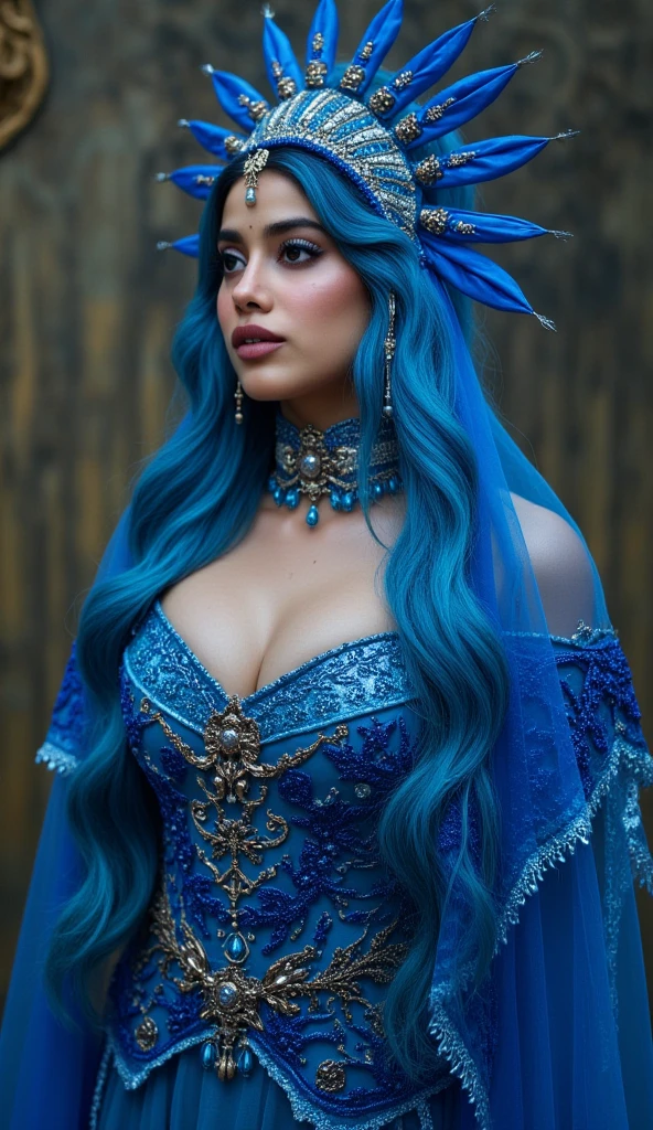 20 years old young girl with blue and white hair , long flowing blue hair, very long wavy azure blue hair, long blue hair, beautiful woman with blue hair, flowing blue hair, beautiful blue haired girl, pretty girl with blue hair, long azure blue hair, blue long hair, very long blue hair, girl with blue hair, blue hairstyle,, tall,height 180 cm, weight 45 kg, beautiful, athletic figure, medium round breasts , green eyes,(best quality, 4k, 8k, high definition), ultra detail, detailed face and facial features, beautiful detailed eyes, beautiful detailed lips, extremely detailed eyes and face, long eyelashes, graceful triangular face, classic lip shape, small graceful nose, super realistic
She is dressed in a mesmerizing, anime-inspired outfit—a gold and white goddess dress with a deep plunging neckline and a high slit up one side. The dress is adorned with intricate golden embroidery, and she wears a gold tiara with a matching armband. A flowing cape is attached to her shoulders, trailing behind her.
She stands tall beneath the oak tree, her cape billowing in the morning breeze as she looks towards the mountains. The light casts a divine glow on her figure, emphasizing her regal appearance.