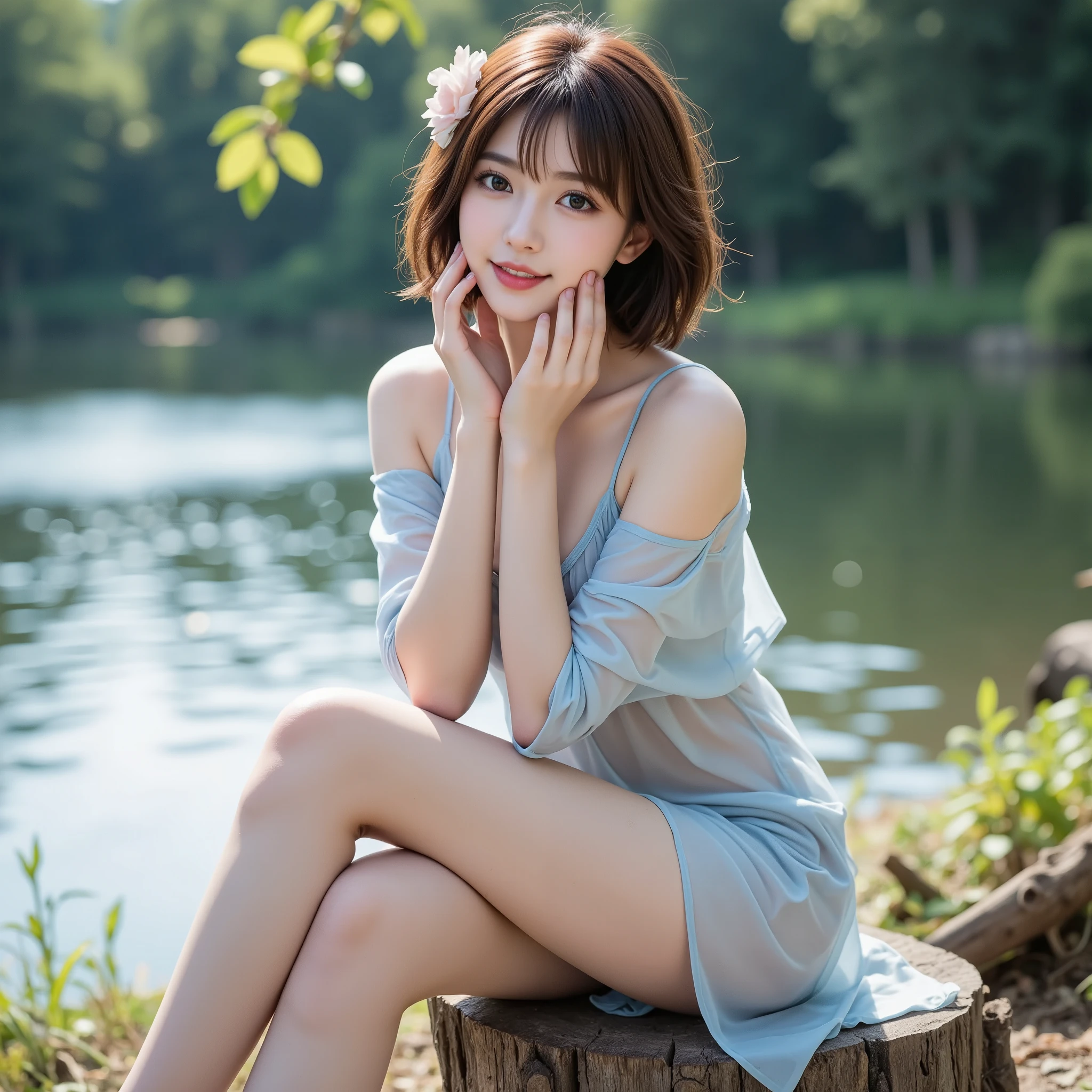((of the highest quality, 8K, masutepiece: 1.3, Raw photo)), Sharp Focus: 1.2, (1 AESPA Girl :1.1), Solo, (Realistic, Photorealistic: 1.37), (Face Focus: 1.1), Cute face, hyperdetailed face, (short messy hair: 1.2), Small Smile, Small breasts, flat chest, nude, (taking off her chiffon button down black shirt, chiffon panties: 1.2), Thigh, Picturesque lakeside cottage surrounded by nature, flower, Cattleya