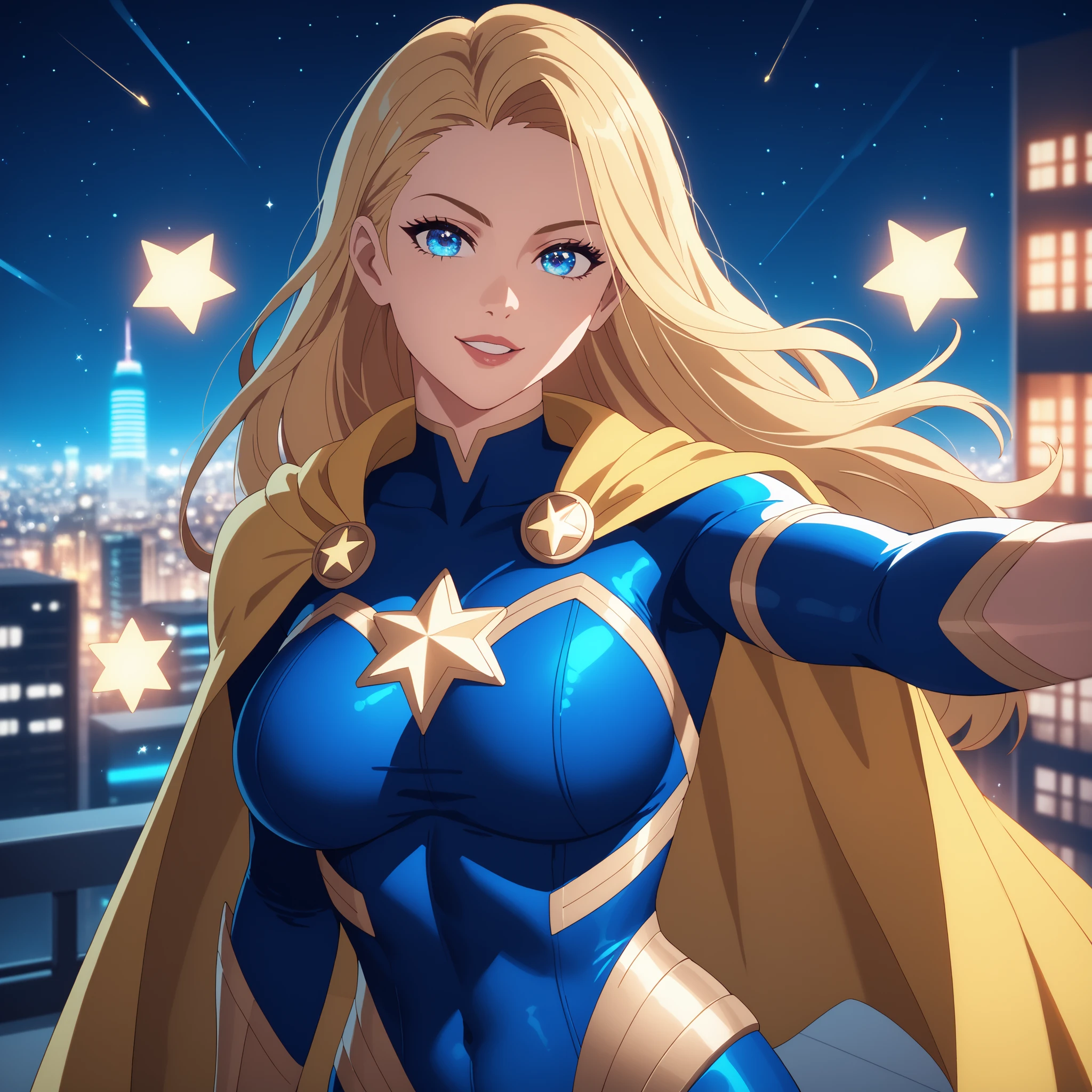A beautiful anime-style superheroine, radiant blonde hair flowing behind her, flies over a city illuminated at night. Her sleek, straight hair shines like a golden light, and her innocent light blue eyes sparkle with justice. Her costume is skintight, designed in a stylish combination of yellow and bright light blue, with a glowing star symbol on the chest. A dramatic yellow cape billows behind her. She radiates power and grace, her body surrounded by glittering particles. A city in the background. Style: Dynamic anime concept art, vibrant colors, lighting effects, 4K resolution. Large breasts. Selfie.