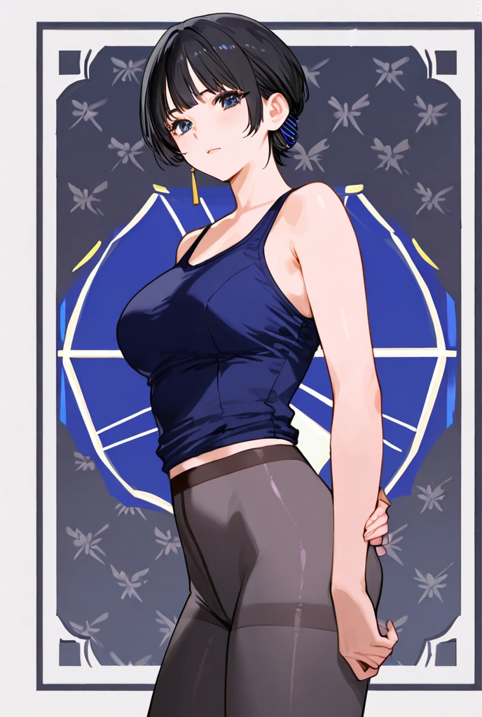 (beautiful detailed eyes, beautiful detailed face, perfect detailed body), mikictr, 1girl, solo, black eyes, short hair, closed mouth, lipstick, blush, large breasts, crop top, no bra, midriff, navel, upper body:1.5, standing, belt, blue short shorts, simple background